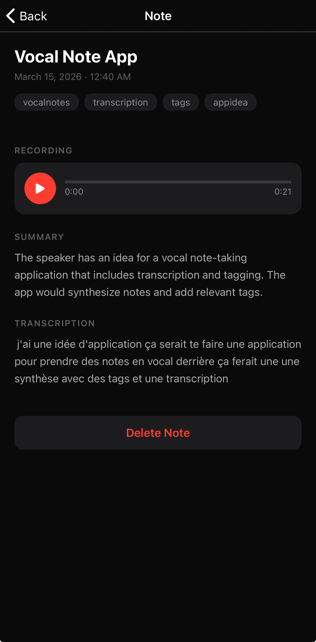 EchoNote — détail d'une note avec transcription et résumé
